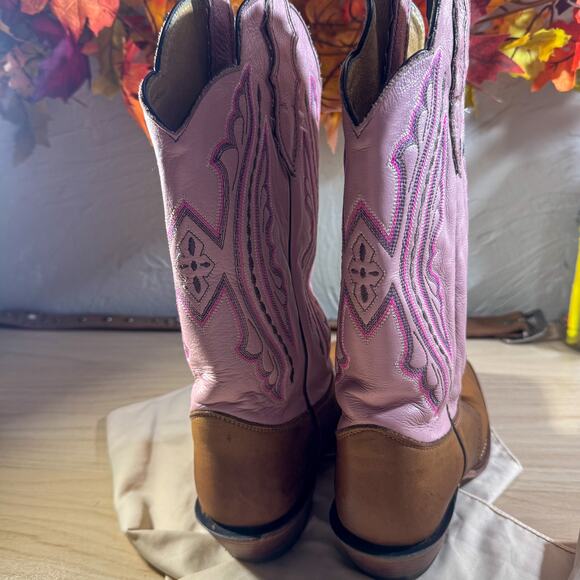 JUSTIN Made in USA Pink & Brown Leather Square Toe Boots Women's Size 7.5 B - Picture 4 of 11